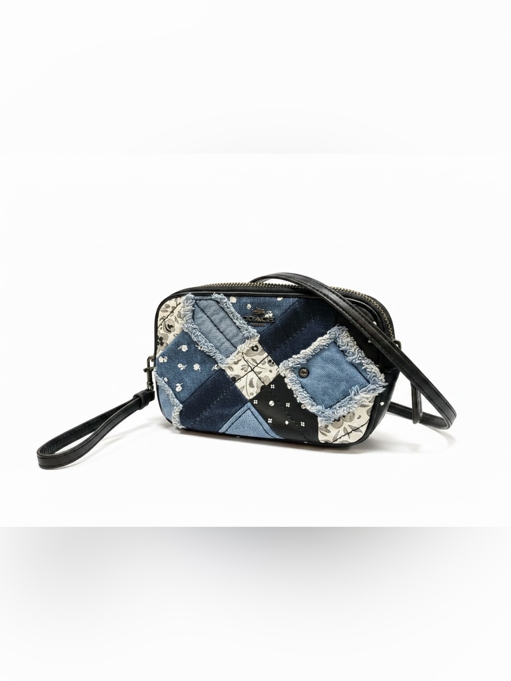 Coach 2016 Denim Patchwork Crossbody Bag Floral Fringe